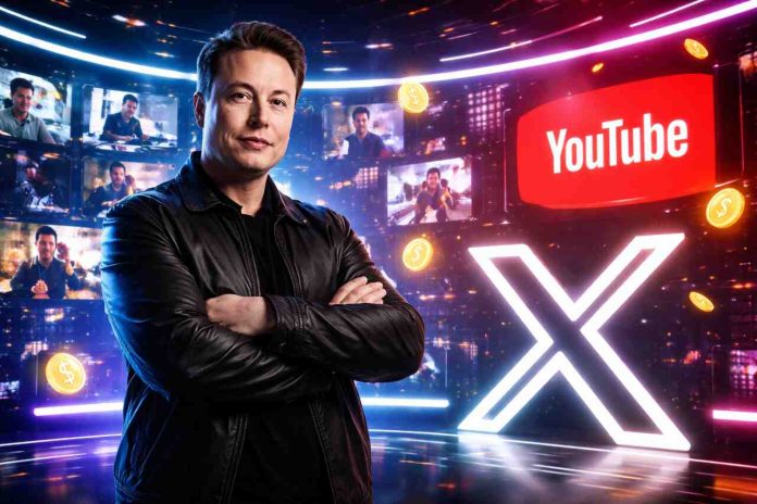 Elon Musk in tech studio with X and YouTube logos and creator content.