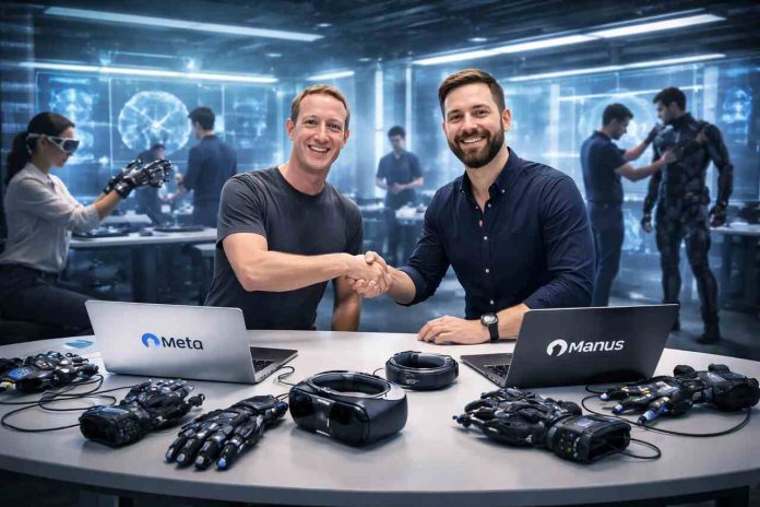 Meta and Manus AI executives shaking hands with advanced neural tech in the background.
