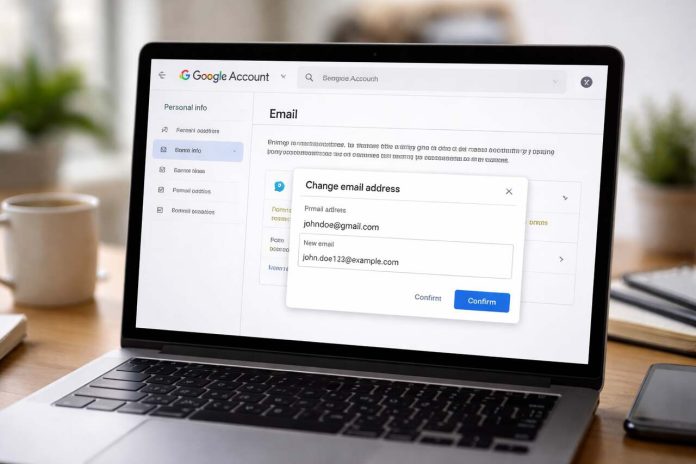 User changing email address in Google Account settings on a laptop