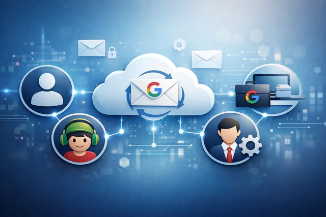 Icons representing different Google account types connected through a digital network.