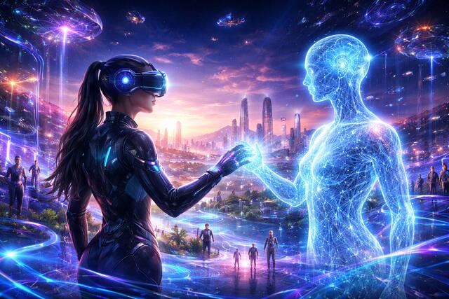 Woman and AI figure interacting in a futuristic metaverse cityscape.