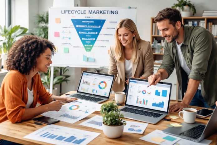 Team analyzing lifecycle marketing funnel to convert customers into revenue assets.