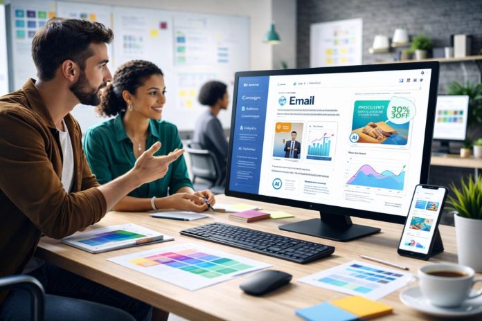 Designers creating AI-optimized email templates with performance analytics.