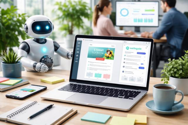 AI-powered email template generation on a laptop in a modern office.