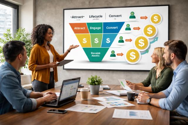 Team analyzing lifecycle marketing funnel to convert customers into revenue assets.
