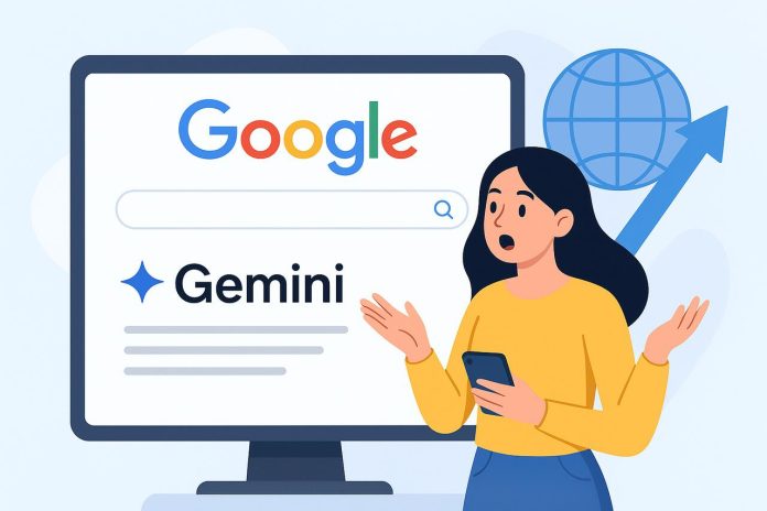 Person using a smartphone in front of a Google search screen for Gemini