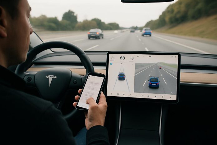 Tesla driver using phone while navigating with FSD update, showcasing Tesla's advanced driver assistance system.