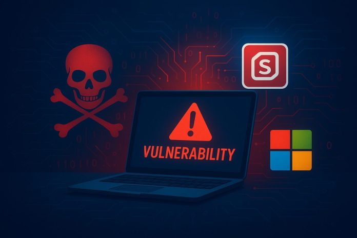Cybersecurity threat illustration showing ScreenConnect and Microsoft 365 vulnerabilities.