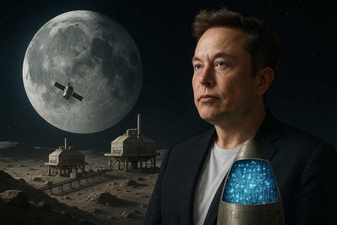 Elon Musk with lunar factories and AI satellite payload in space