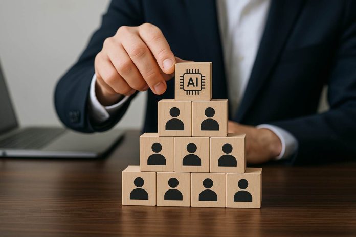 Human placing AI block on governance pyramid of people