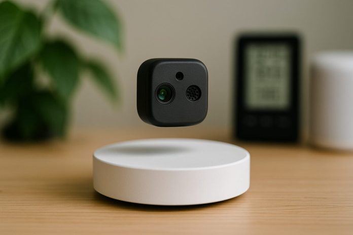 Levitating black sensor above white base with smart tech background