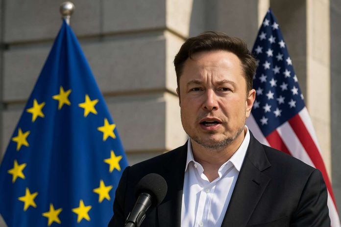 Elon Musk speaking with EU and US flags in background.