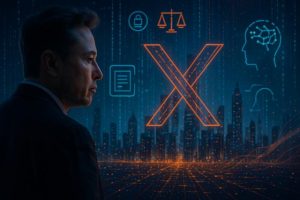 Elon Musk looking over a digital cityscape with symbolic elements of tech regulation and data governance.