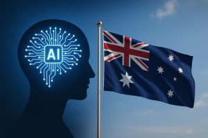 AI head silhouette and Australian flag symbolizing tech collaboration