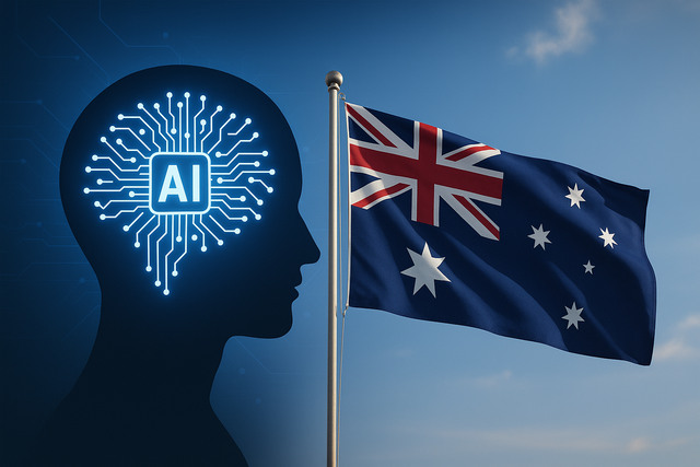 AI head silhouette and Australian flag symbolizing tech collaboration