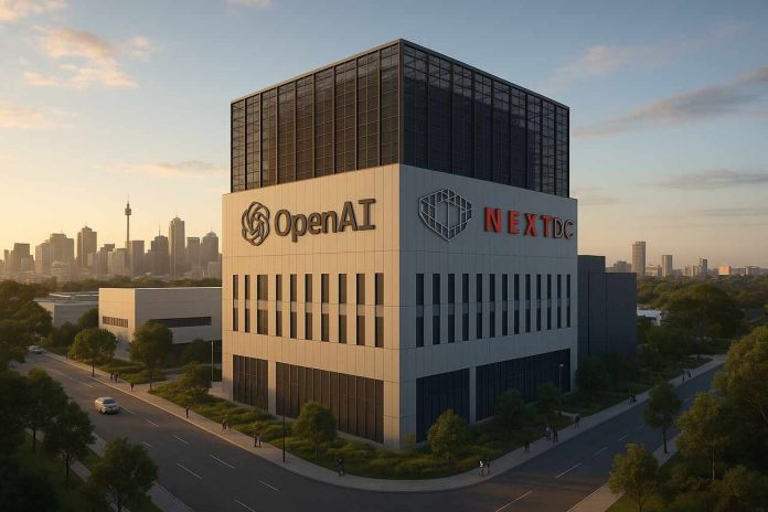OpenAI and NEXTDC AI campus in Sydney at sunset.