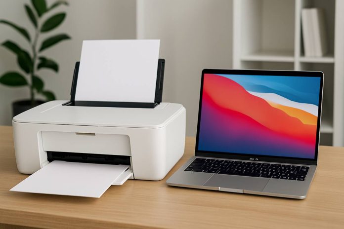 Inkjet printer and MacBook on a wooden desk in a home office setup.
