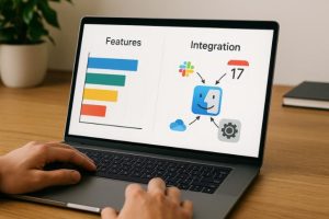 MacBook showing app integration and feature evaluation charts.