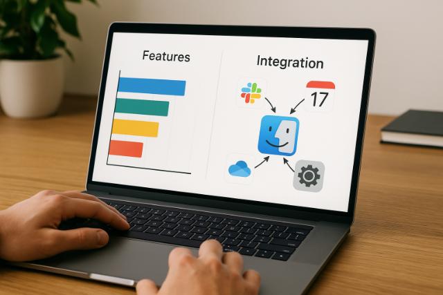 MacBook showing app integration and feature evaluation charts.