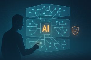 AI system with visible logic layers symbolizing transparency and risk control