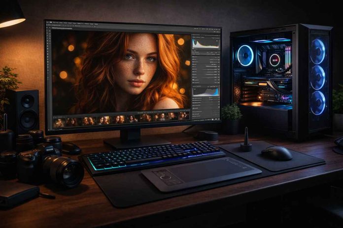 Professional photo editing PC with custom RGB setup and monitor displaying a high-res portrait.