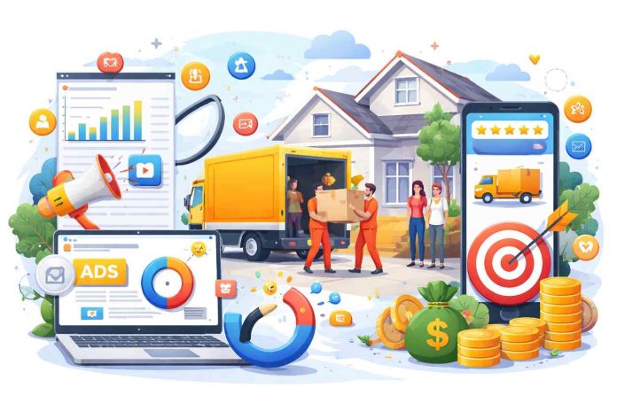 Digital marketing tools around movers unloading boxes from a truck.