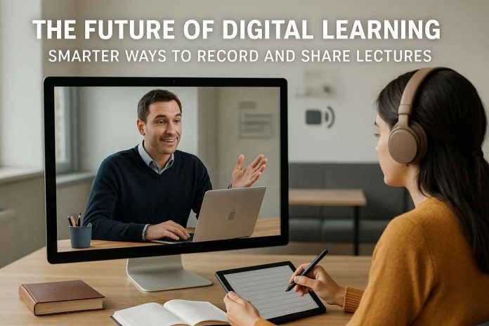 Student using tablet while attending an online lecture on desktop.