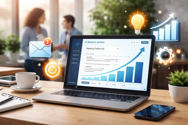 AI email tool dashboard showing rising open rates on a laptop in a modern office.