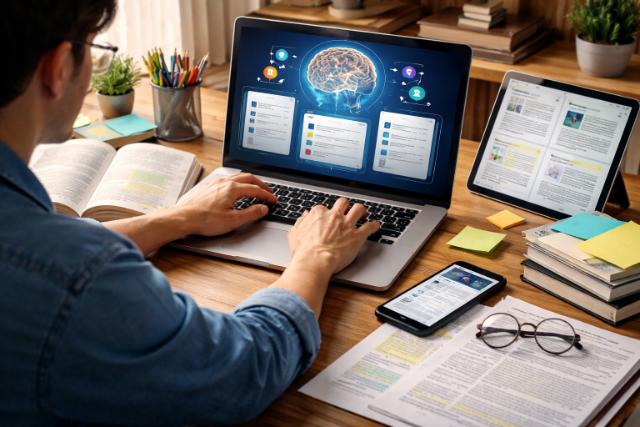 Researcher using AI tools for topic generation and literature review.