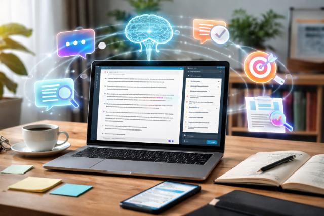 AI writing assistant on laptop enhancing language clarity with floating grammar and tone icons.