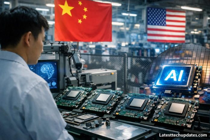 Chinese engineer inspecting AI chips with China and U.S. flags in tech lab.