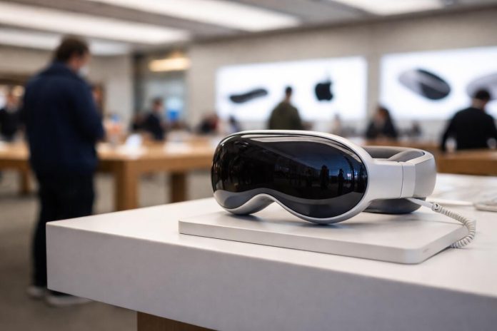 Apple Vision Pro headset on display in Apple Store.