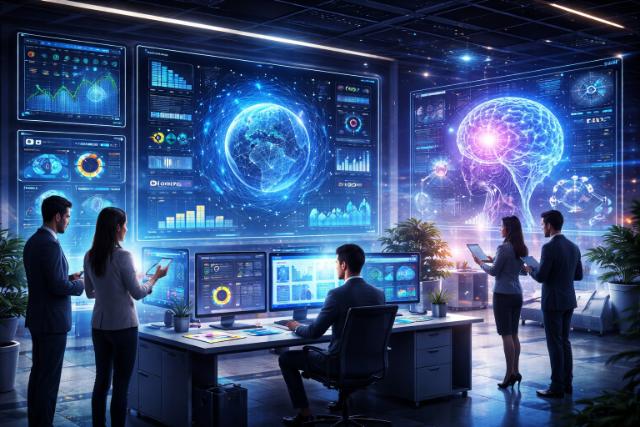 Enterprise team analyzing SEO and AI trends with futuristic technology.