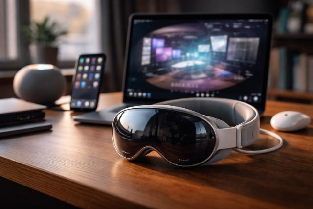 Apple Vision Pro headset on desk with MacBook and iPhone in background.