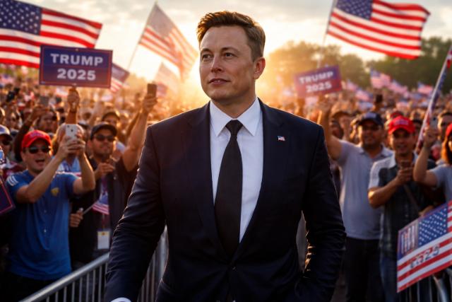 Elon Musk at political rally with American flags and supporters in the background.