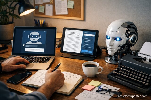 Writer using AI tools in a workspace with traditional and digital elements.