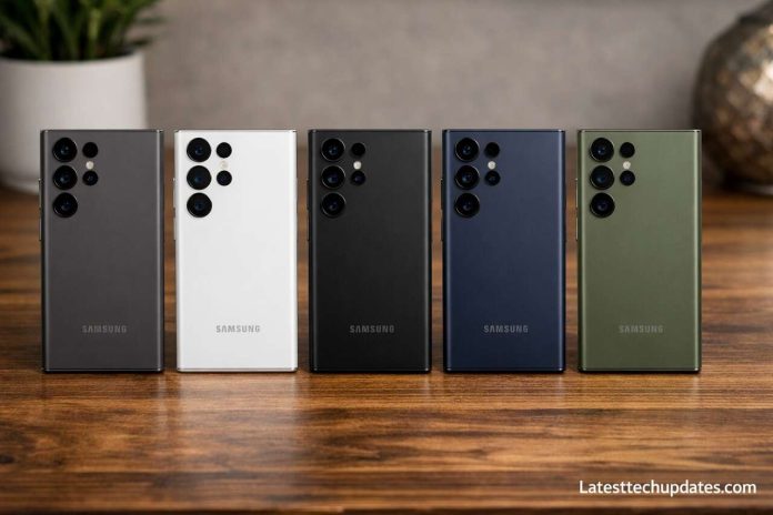 Samsung Galaxy S26 Ultra color options in muted tones on a wooden table.