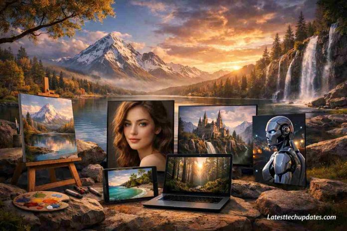 AI-generated visuals including portrait, fantasy, and nature art with Latesttechupdates.com branding.