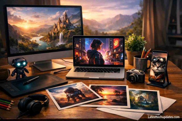 Workspace with AI-generated images on digital devices and prints