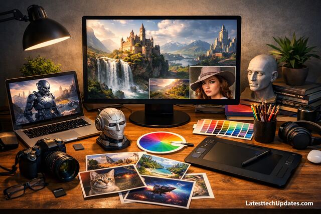 Creative AI workspace with monitors showing generated fantasy images and digital art tools.