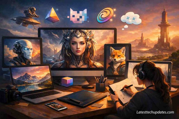 AI art tools and creative workspace featuring multiple digital creations