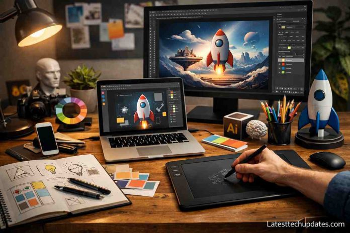 Graphic designer using AI tools for digital design project