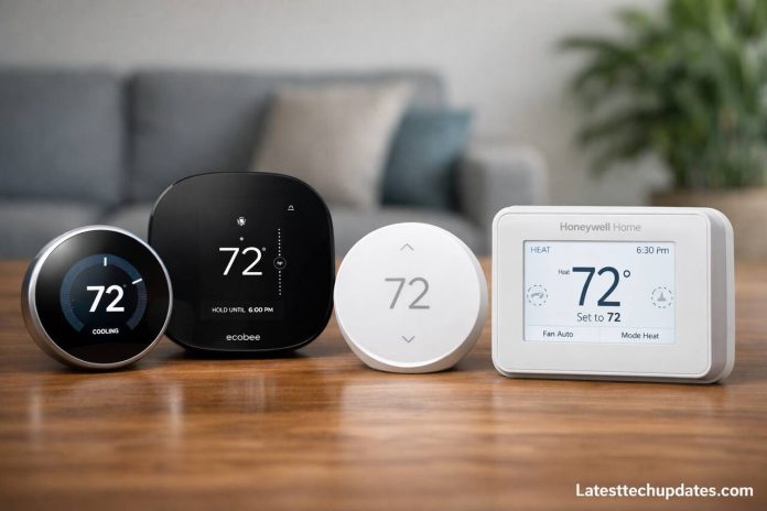 Modern smart thermostats compared side by side on a table