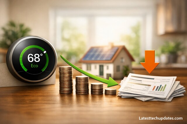 Smart thermostat reducing energy bills with coins and solar house.