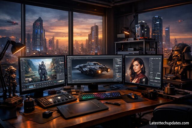 AI artist workspace with advanced tools and futuristic city view.
