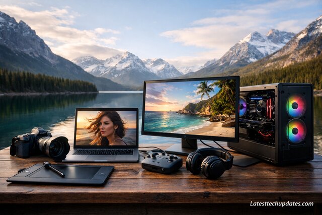 AI image creation tools on a lakeside table with mountain view.