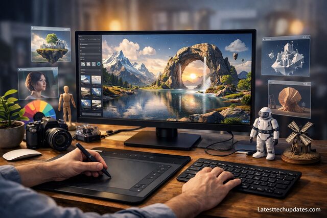 AI design tool generating a digital landscape on a monitor in a creative workspace.