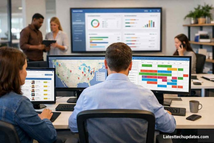 Professionals using software to solve staffing bottlenecks in a modern office.