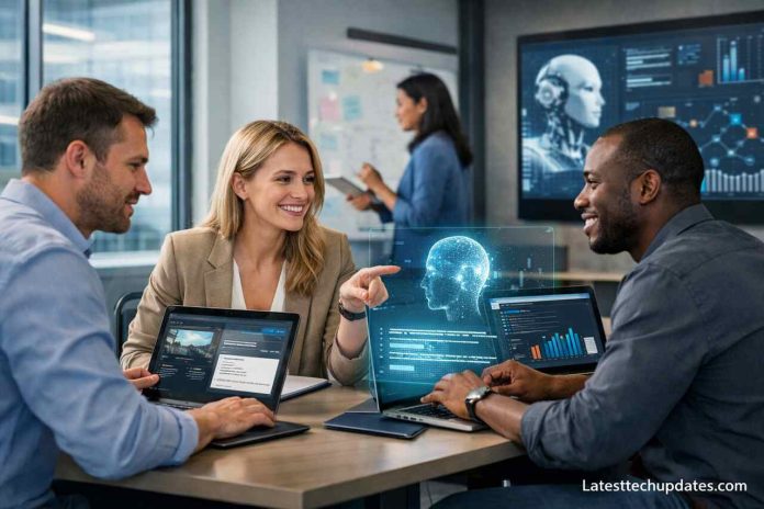 White-collar professionals using generative AI tools in a modern office.