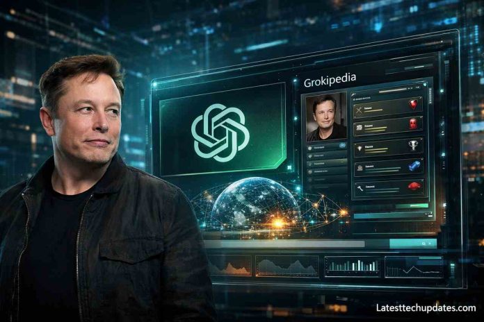 Elon Musk near digital Grokipedia and ChatGPT interface in a high-tech background.